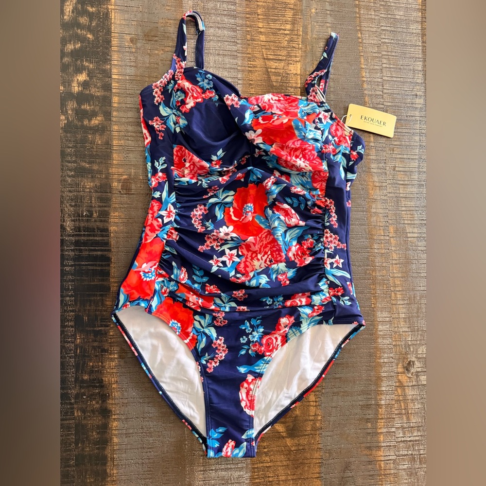 NWT Ekouaer Women's One Piece Swimsuit Ruched Tummy Control Vintage Retro Large